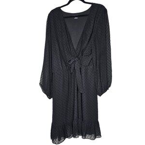 City Chic 22 Black Dress Chiffon Babydoll Balloon Sleeve Swiss Dot Dark Cottage